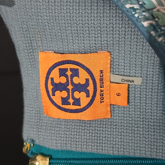 Tory Burch green, cream, teal classic tweed short sleeve top, size 6 - Picture 3 of 10